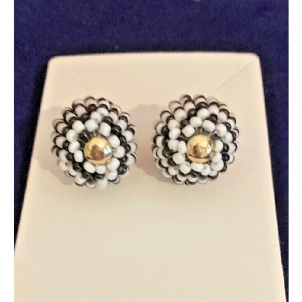 Earrings Seed Beads, Beaded Balls Navy & White Handmade‎ Nautical Boho